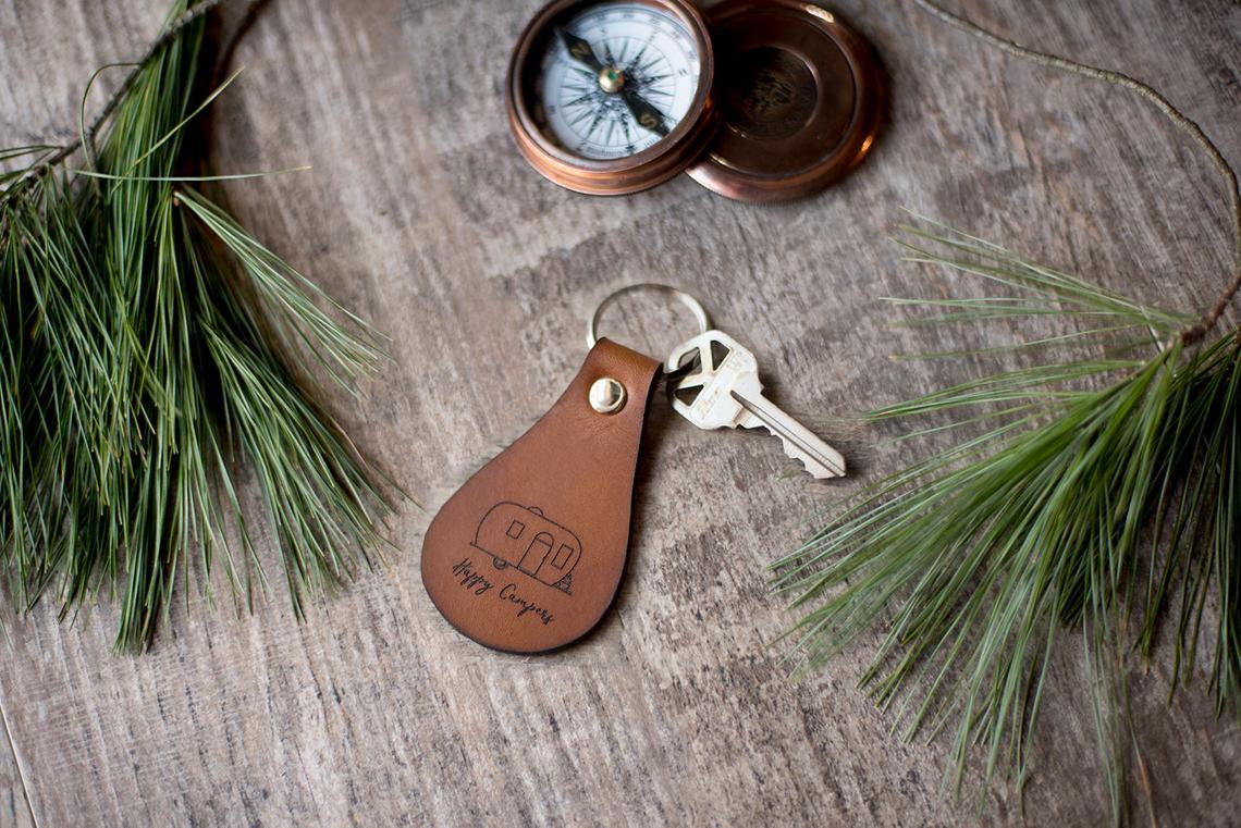 Leather-Clad Camping Keychain Gift