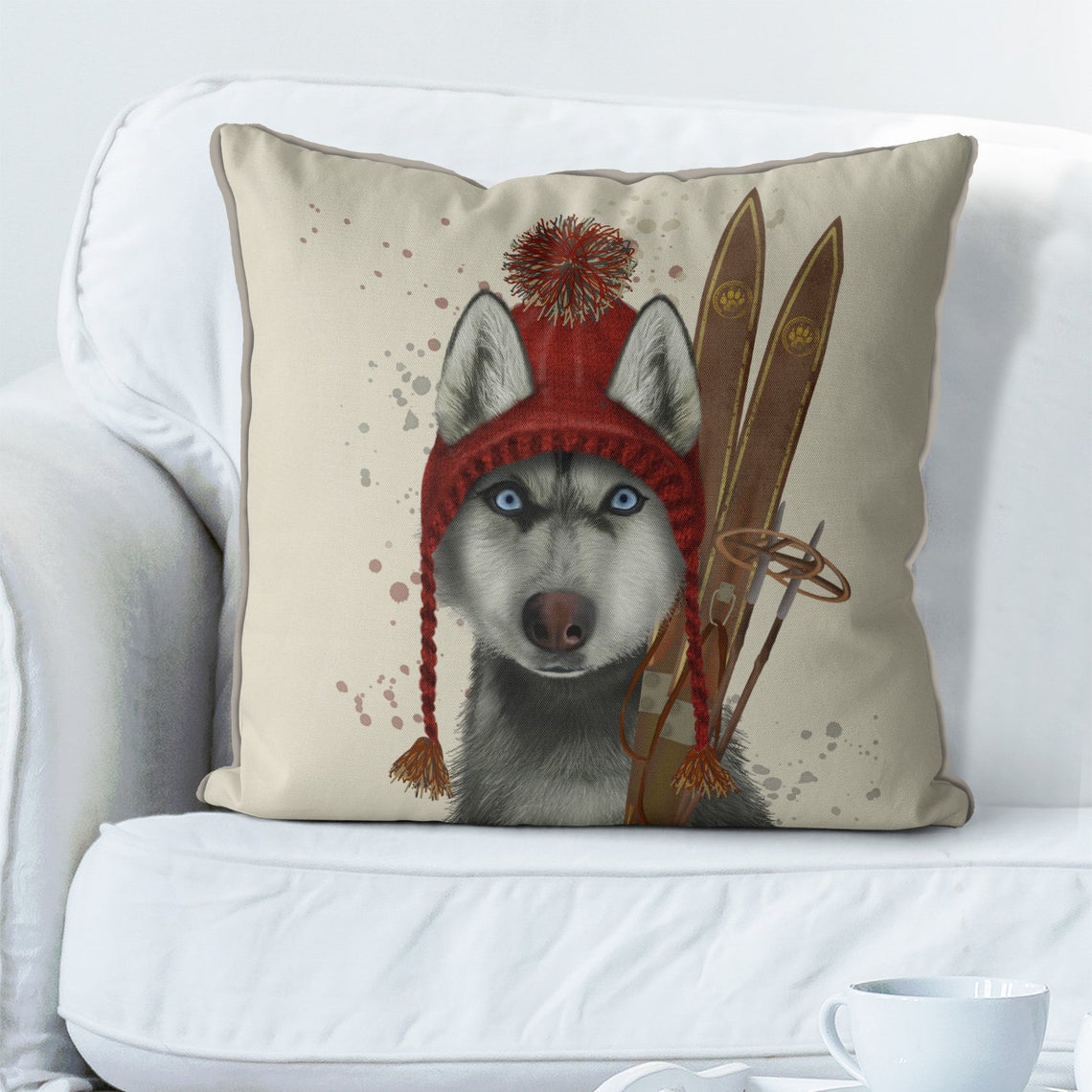 Skiing Husky Cute Pillow Cover