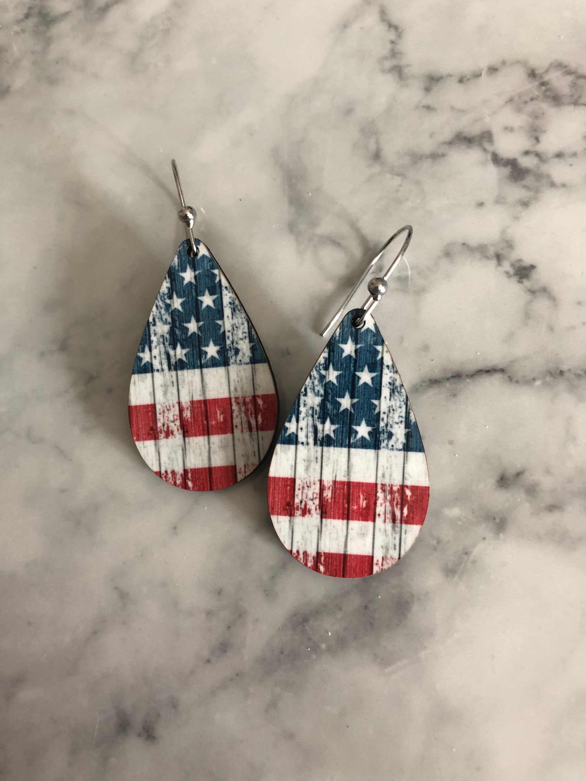Distressed Teardrop American Flag Dangling Earrings