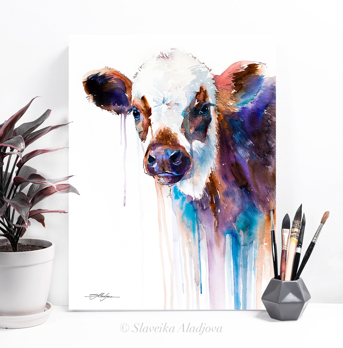 Beautiful Watercolor Cow Portrait Print 