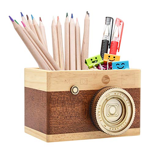 Wooden Pencil Holder in a Sleek Camera Style