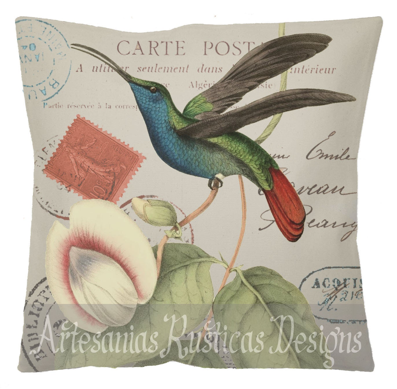 Retro-Chic Hummingbird-Design Throw Pillow Cover