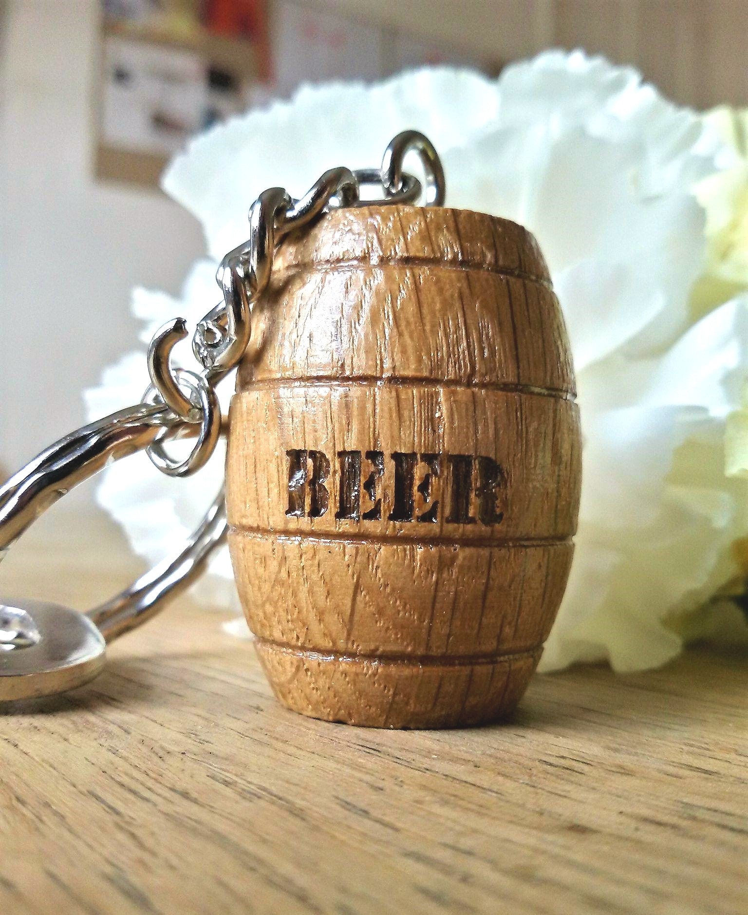 Rustic Wooden Beer Barrel Keychain
