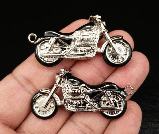 Stunning Vintage-Look Silver-Black Motorcycle Charm Pendant