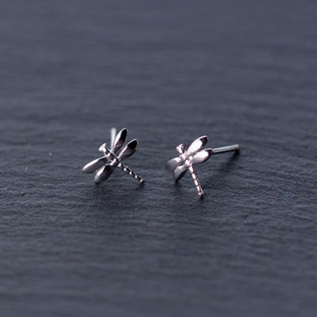 Minimalist Silver Dragonfly Earrings 