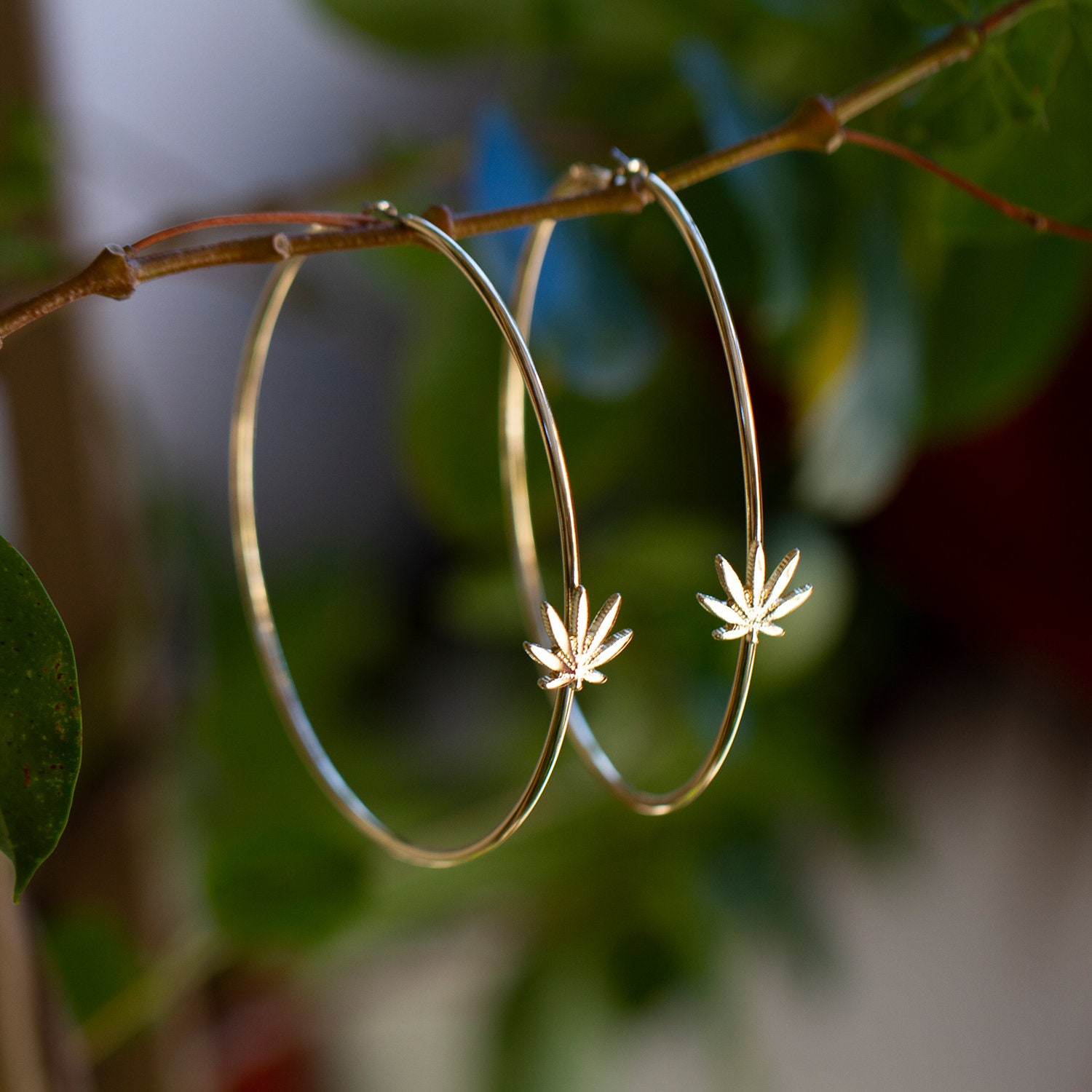 Golden Marijuana Leaf Hoop Earrings