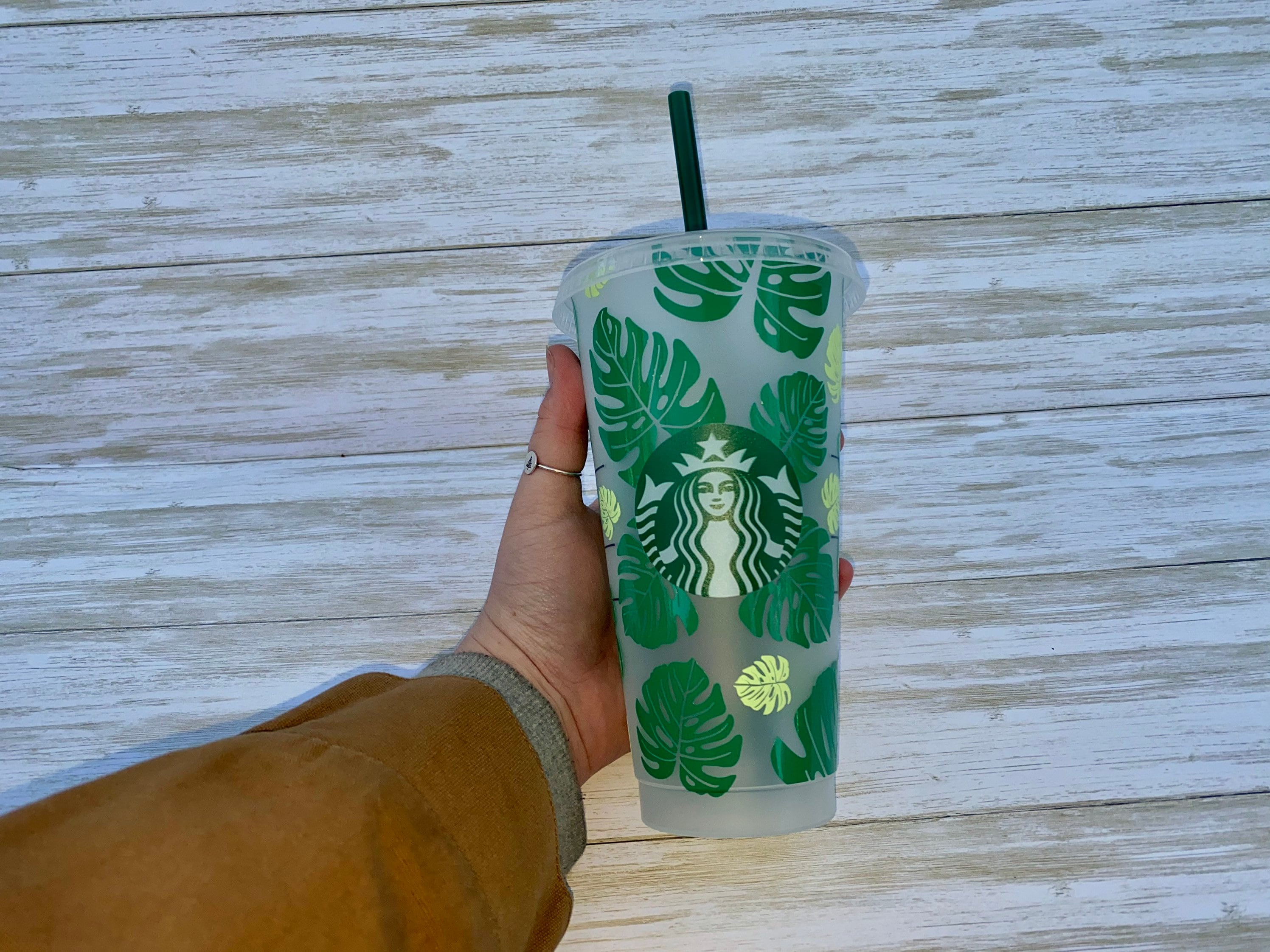 Reusable Starbucks Cold Cup with Leaves Design