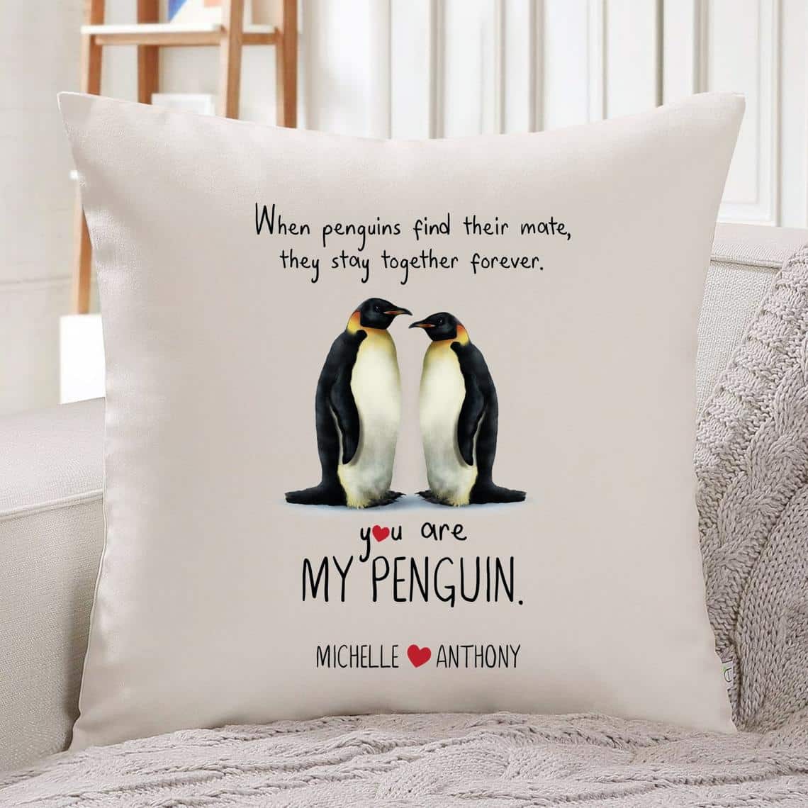Romantic Penguin Throw Pillows